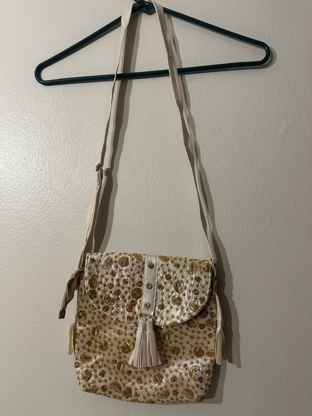 Beige and Gold Sequin Floral Embroidered Crossbody Bag with Tassel